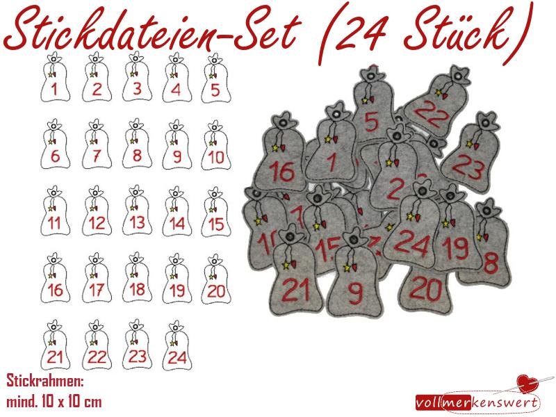 Stickdatei-Set 24 Anhänger für Adventskalender Geschenkesack 1-24 für 10x10er Rahmen S019